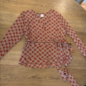 CAbi Red and White Long Sleeve Wrap Blouse
